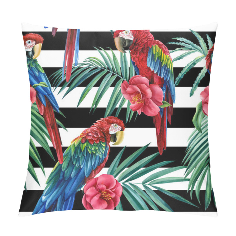 Personality  Seamless Pattern Of Tropical Birds, Parrot And Palm Leaves With Camellia Flowers On A Black White Geometric Background Pillow Covers