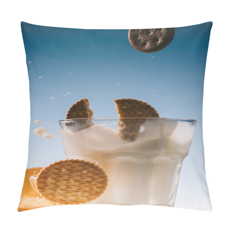 Personality  Sweet Cracker Cookies Splashing Into Glass Of Milk Isolated On Blue Background Pillow Covers