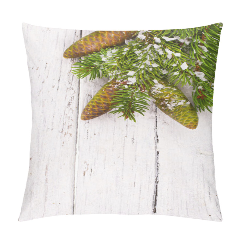 Personality  Theme New Year Holidays And Christmas Green Spruce Branches With Cones On A White Background Painted Old Wood Planks As Background Pillow Covers