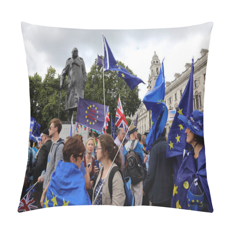 Personality  Protestors Gathered At The Base Of The Statue Of Former British Prime Minister Winston Churchill, In Parliament Square, Central London, During The Peoples March For Europe, An Anti-Brexit Rally, On 9 September 2017 Pillow Covers