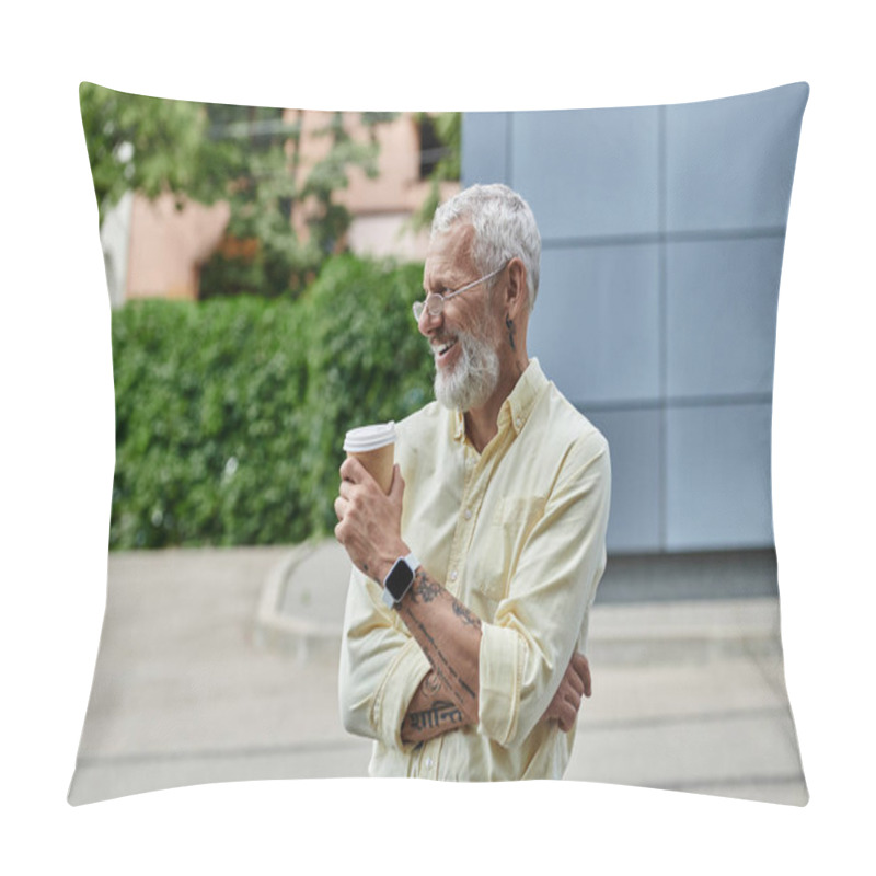 Personality  A Bearded Man In A Yellow Shirt Enjoys A Coffee Break Outside A Modern Building. Pillow Covers