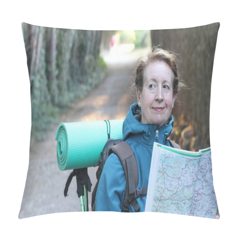 Personality  Backpacker Senior Woman With Backpack And Hiking Adventure Accessories Pillow Covers