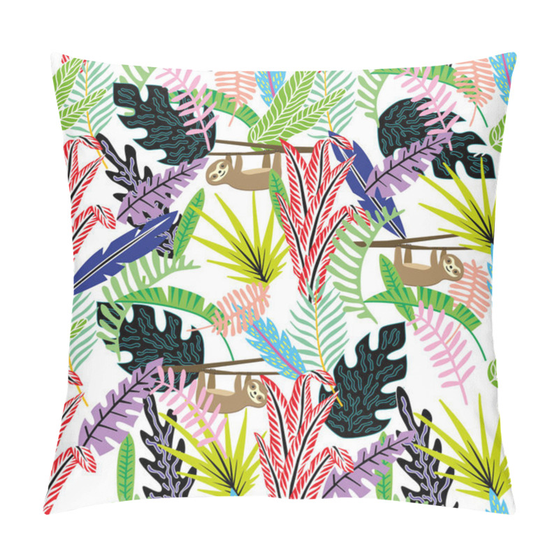 Personality  Flat Cartoon Style Abstract Seamless Pattern Sloth (lazybones) In The Tropical Jungle White Vector Background Pillow Covers