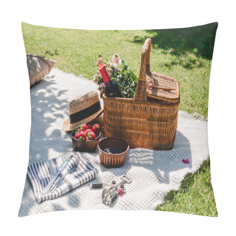 Personality  Wicker Basket With Roses And Wine On White Blanket Near Straw Hat, Cutlery On Napkin And Berries At Sunny Day In Garden Pillow Covers