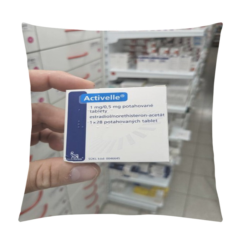 Personality  Prague, Czech Republic - SEPTEMBER 13 2024: ACTIVELLE Box Of Medication With ESTRADIOL And NORETHISTERONE Active Substances By NOVO NORDISK, Used For Hormone Replacement Therapy. Pillow Covers