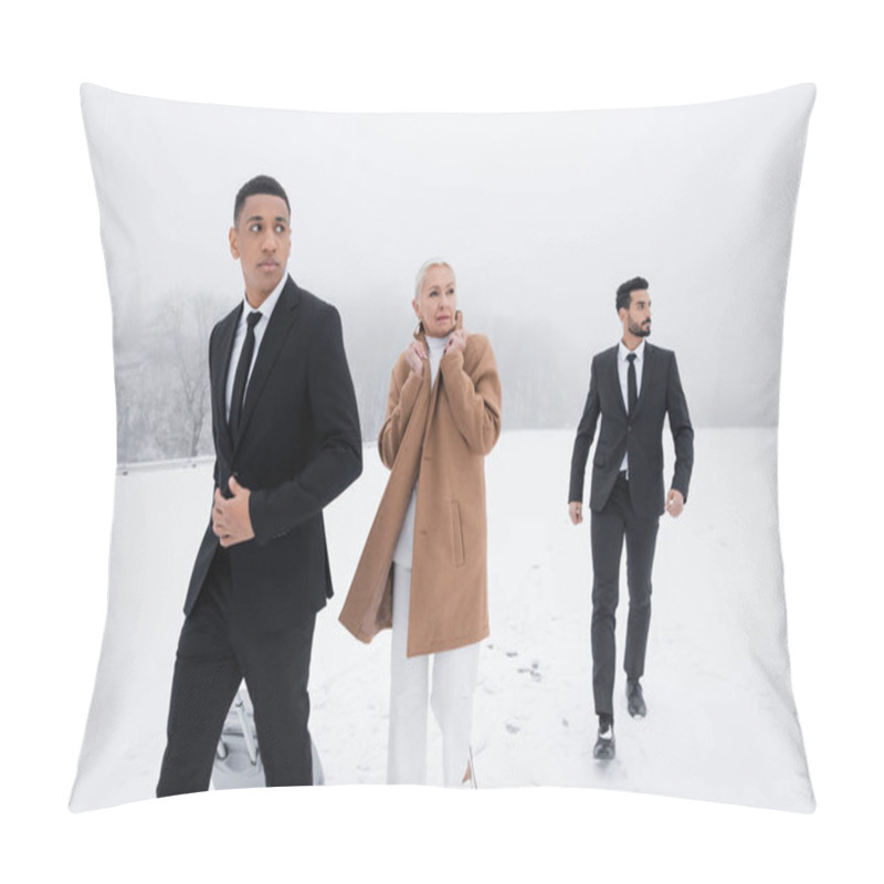 Personality  Multicultural Guards In Black Suits Protecting Senior Business Lady While Walking On Winter Field Pillow Covers