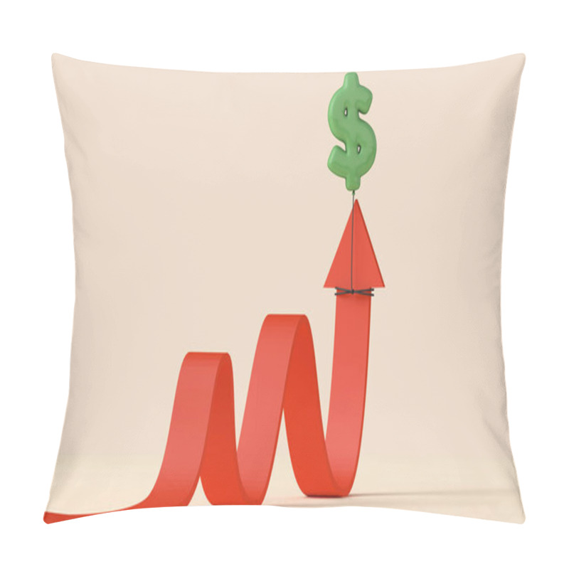 Personality  Rate Of Inflation Concept. Red Arrow Being Pulled Up By A Dollar Sign Balloon. 3D Rendering. Pillow Covers