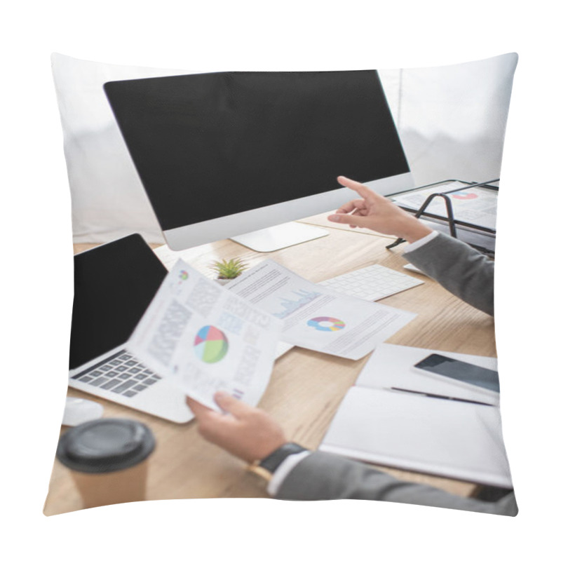 Personality  Cropped View Of Trader Pointing With Finger At Monitor While Holding Infographics, Blurred Foreground Pillow Covers