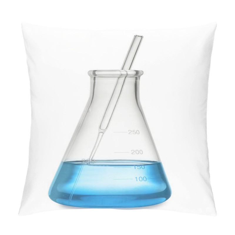 Personality  Conical Flask With Light Blue Liquid Isolated On White Pillow Covers