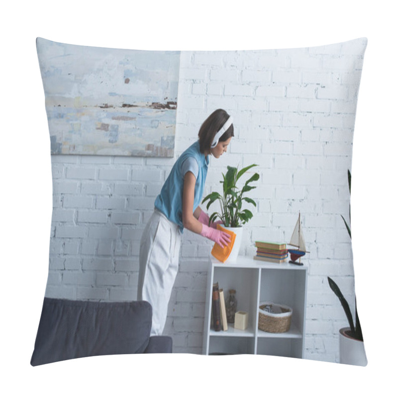 Personality  Side View Of Woman In Wireless Headphones Cleaning Flowerpot On Rack At Home Pillow Covers