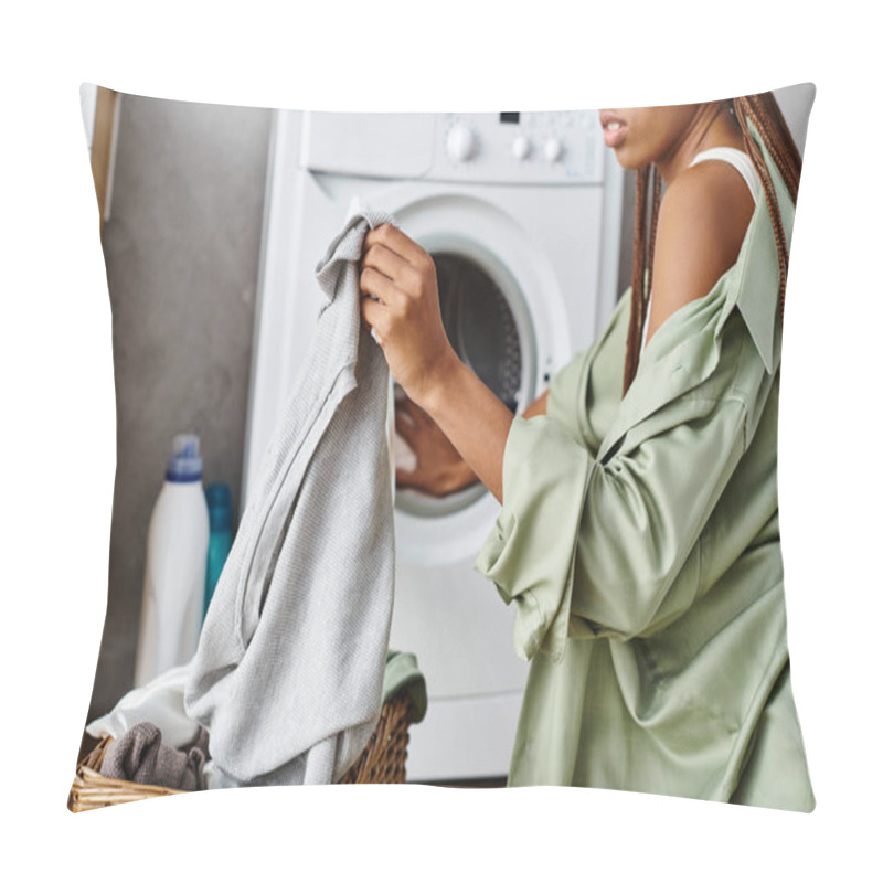 Personality  An African American Woman With Afro Braids Is Seen Drying Her Clothes In A Laundry Basket In A Bathroom. Pillow Covers