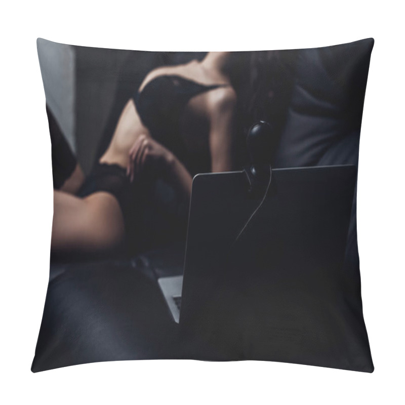 Personality  Selective Focus Of Sexy Girl In Black Lingerie Posing At Laptop With Web Camera On Sofa Pillow Covers