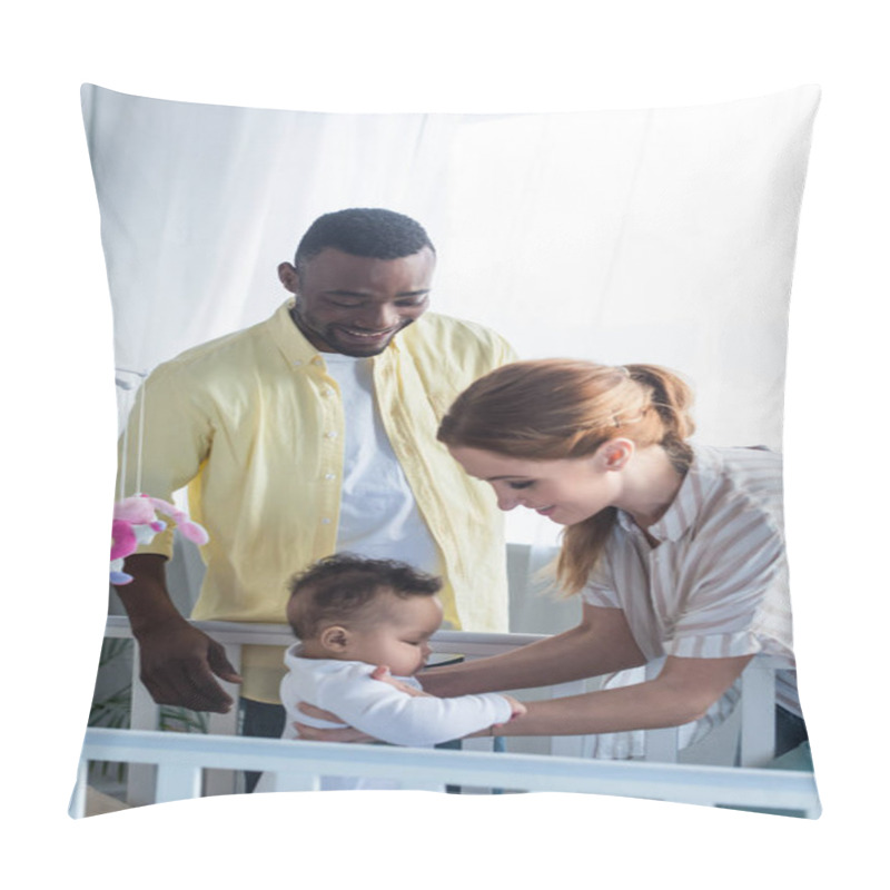 Personality  Smiling Woman Holding Infant Daughter Near Crib And African American Husband Pillow Covers