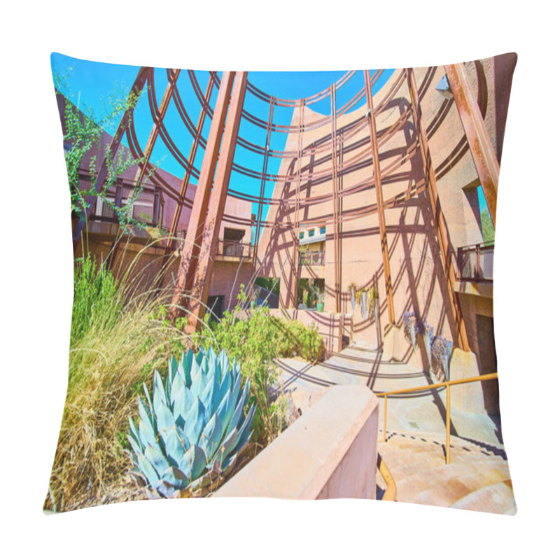 Personality  Modern Desert Architecture In Harmony With Nature At A Las Vegas Botanical Conservatory. Rust-colored Framework Contrasts With Vibrant Succulents Under A Clear Blue Sky, Showcasing Sustainable Design. Pillow Covers