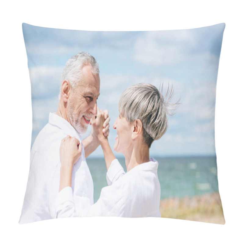 Personality  Happy Senior Couple Looking At Each Other While Dancing At Beach Pillow Covers