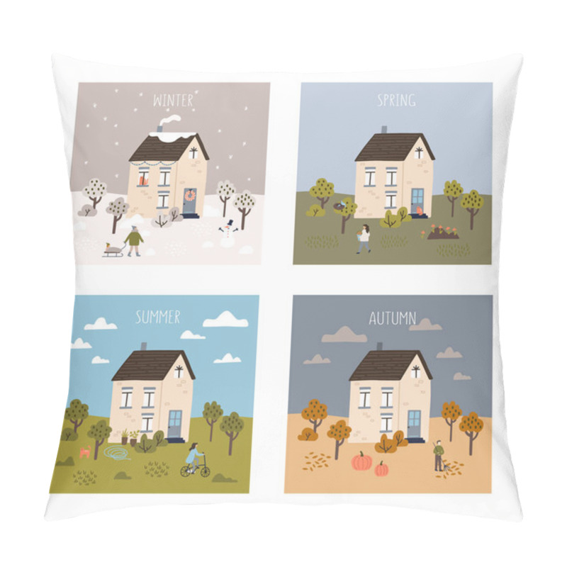 Personality  Town Square Or Street With Cute Houses And Trees. Woman Walking With A Stroller. Calm Neighborhood Concept.  Pillow Covers