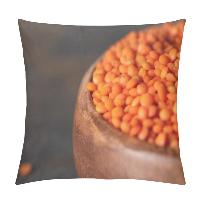 Personality  Selective Focus Of Red Lentils In Wooden Bowl With Copy Space Pillow Covers