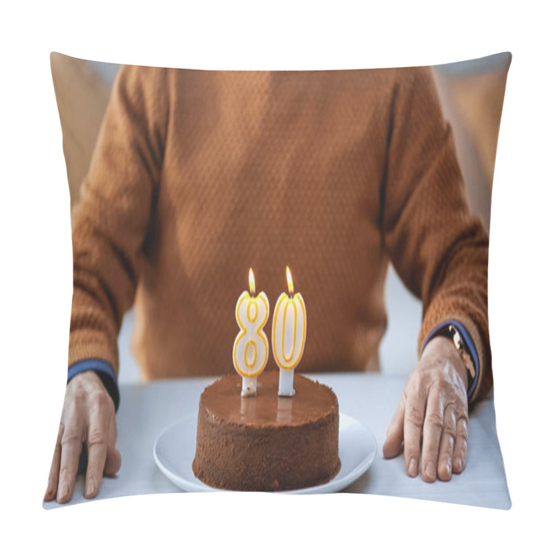 Personality  Partial View Of Elderly Man Sitting In Front Of Birthday Cake With Candles At Home Pillow Covers