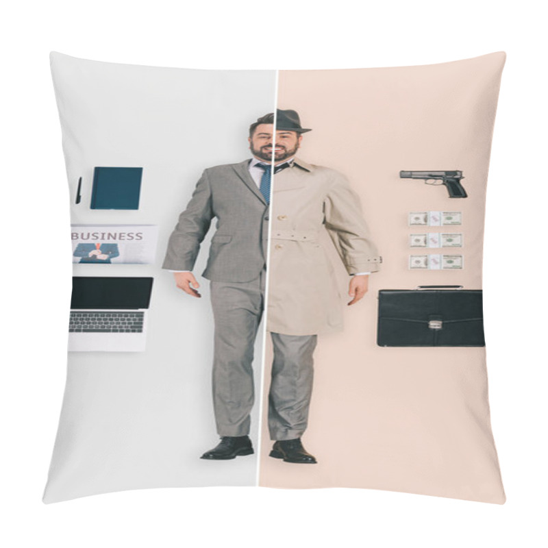 Personality  Young Man In Two Occupations Of Killer And Businessman On Different Backgrounds  Pillow Covers