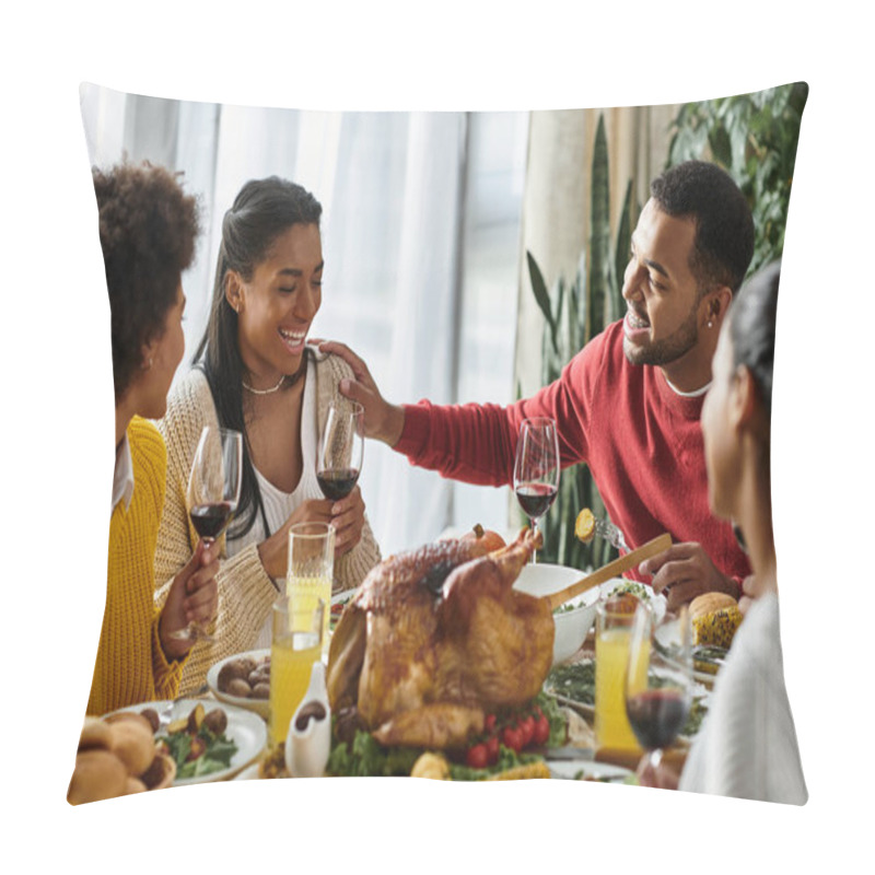 Personality  A Group Of Friends Gathers Around A Beautifully Arranged Table, Enjoying Thanksgiving Festivities. Pillow Covers