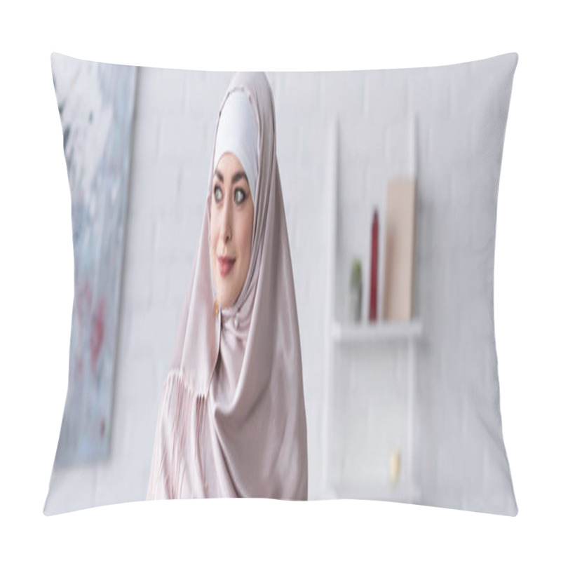 Personality  Pretty Arabian Woman In Hijab Looking Away At Home, Banner Pillow Covers