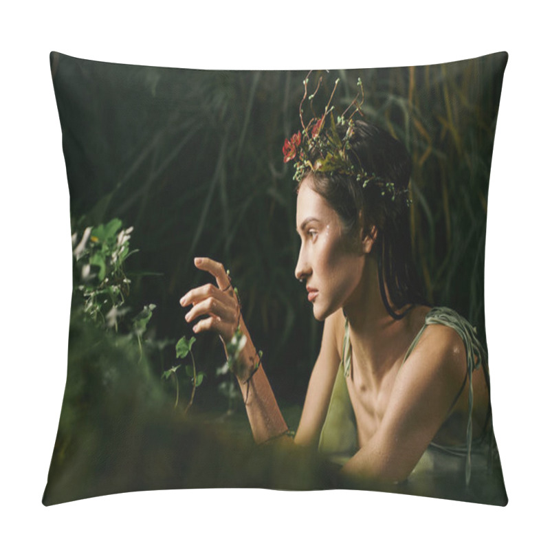 Personality  A Woman In A Floral Crown Reaches Out Towards A Swamp, Surrounded By Greenery. Pillow Covers