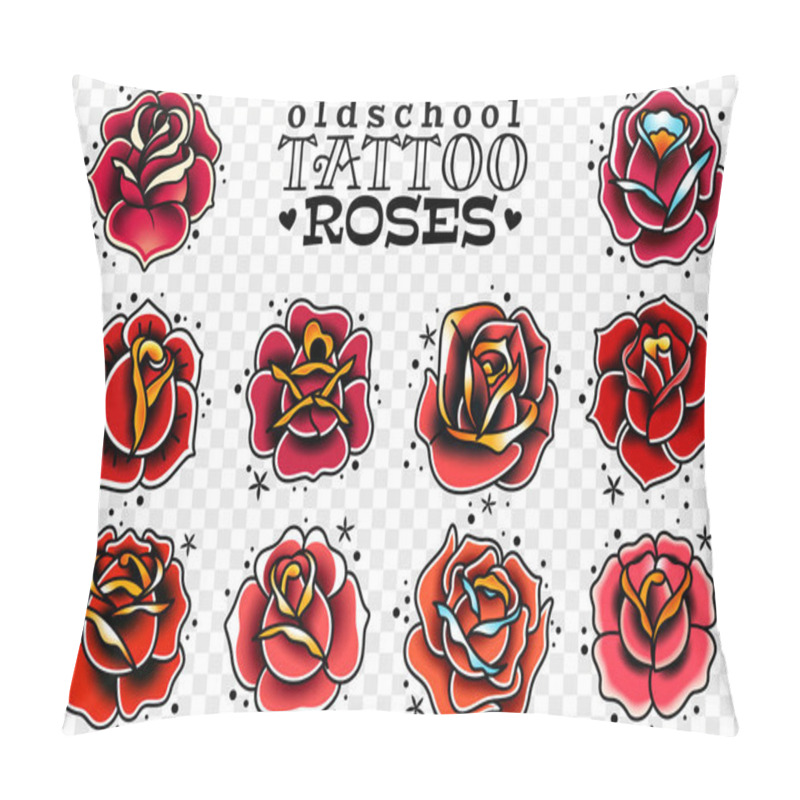 Personality  Set Of Four Oldschool Tattoo Red Roses On A White Background Pillow Covers