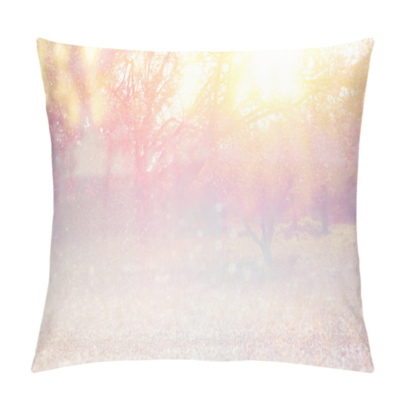 Personality  Abstract Photo Of Light Burst Among Trees And Glitter Bokeh Lights. Image Is Blurred And Filtered . Pillow Covers