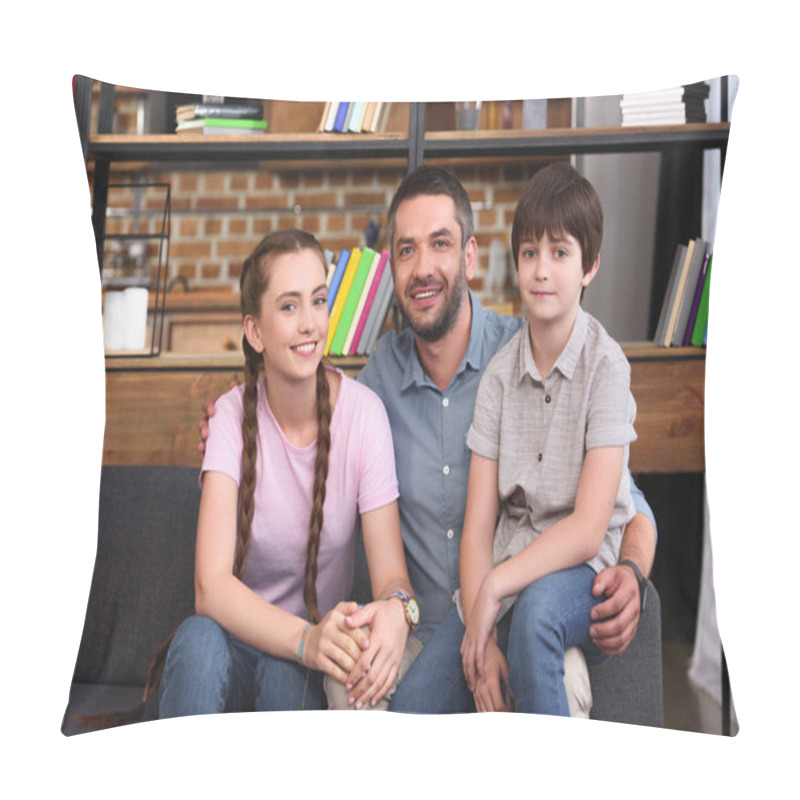 Personality  Selective Focus Of Happy Father Embracing Teenage Daughter And Little Son On Sofa At Home Pillow Covers