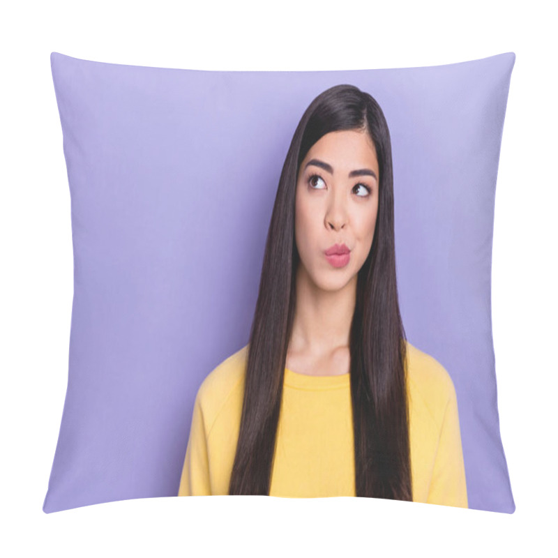 Personality  Portrait Of Funny Interested Brainstorming Girl Look Blank Space Hesitant Thinking Isolated On Violet Color Background Pillow Covers