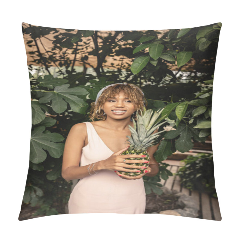 Personality  Young And Cheerful African American Woman With Braces Wearing Summer Outfit And Holding Pineapple While Standing Near Plants In Orangery, Woman In Summer Outfit Posing Near Lush Tropical Plants Pillow Covers