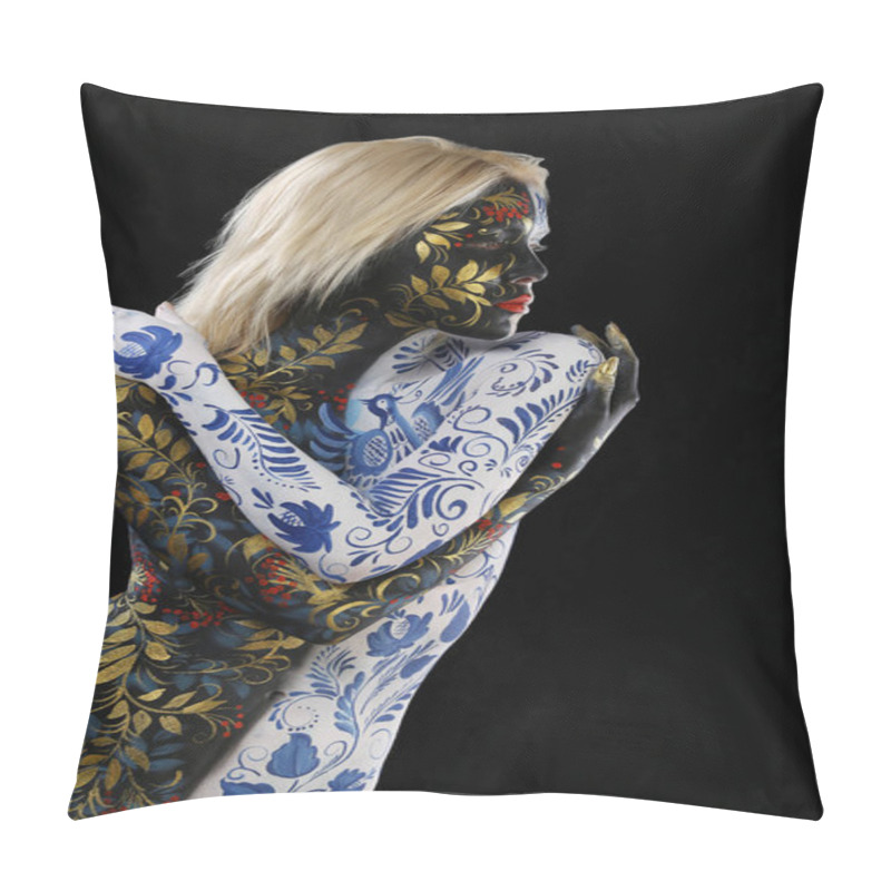 Personality  Body Art Portrait Of A Girl In The Style Of Khokhloma And Gzhel On A Black Background Studio Pillow Covers