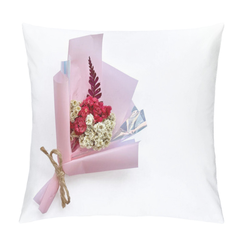 Personality  Hand Flower Bouquet With Dried Small Red And White Aster Flower, With Red Maroon Palm Leaves, Wrapped With Pink And Glossy Fancy Paper. Girly And Feminine Love. Isolated On White Background. Pillow Covers