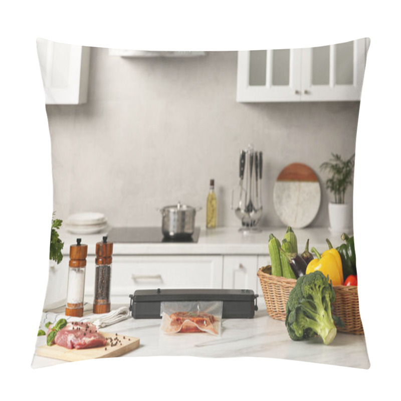 Personality  Sealer For Vacuum Packing With Meat In Plastic Bag On White Kitchen Table Pillow Covers