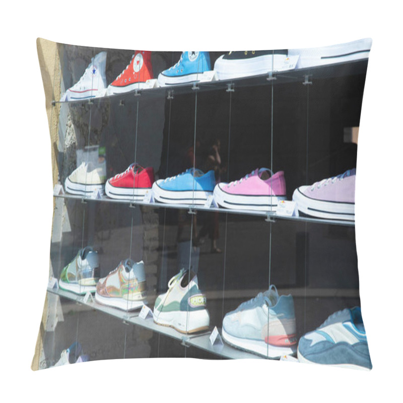 Personality  Nice, France - June 12, 2024: A Vibrant Display Of Various Sneakers Showcased In A Store Window. The Collection Includes High-top And Low-top Converse Shoes In Multiple Colors, Alongside Other Trendy Sneakers, Reflecting Contemporary Urban Fashion Pillow Covers