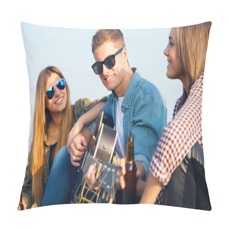 Personality  Portrait Of Group Of Friends Playing Guitar And Drinking Beer. Pillow Covers