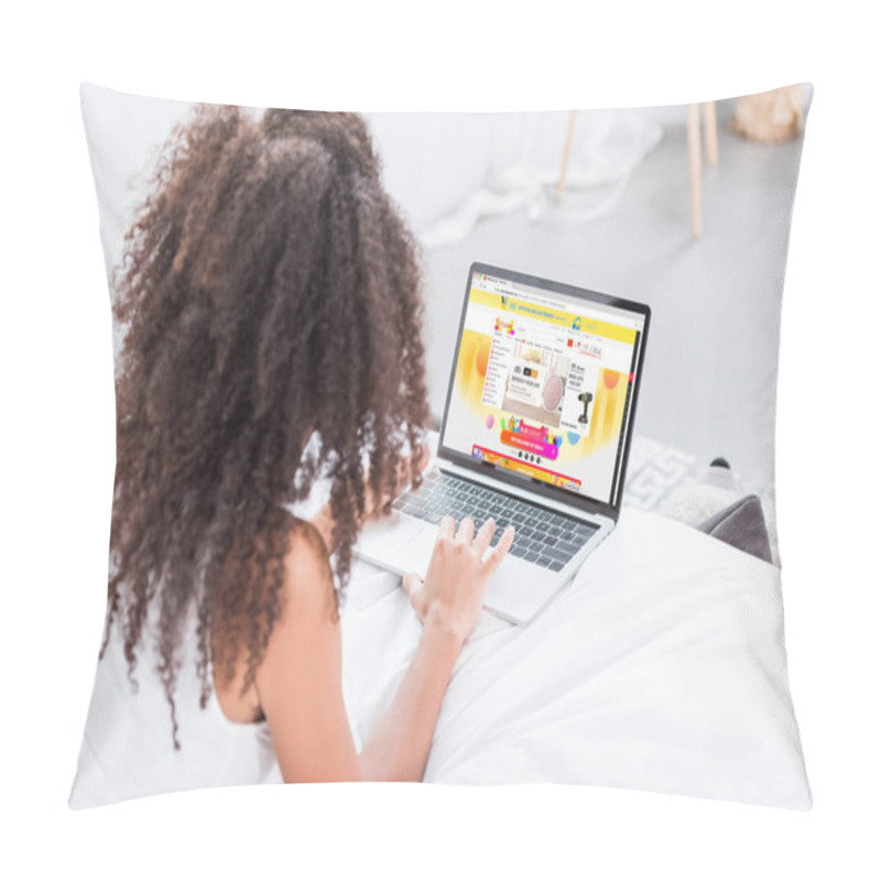 Personality  Rear View Of Curly Woman Using Laptop With Aliexpress On Screen In Bed At Home Pillow Covers