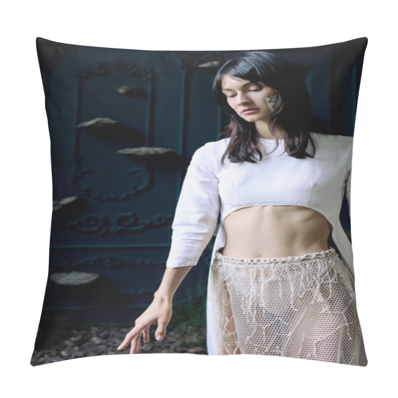 Personality  A Woman In A White Top And Skirt Stands In Front Of A Swamp. Pillow Covers