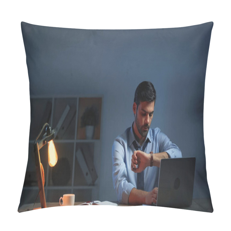 Personality  Businessman In Suit Working Late And Looking At Wristwatch Near Gadgets On Desk In Office Pillow Covers