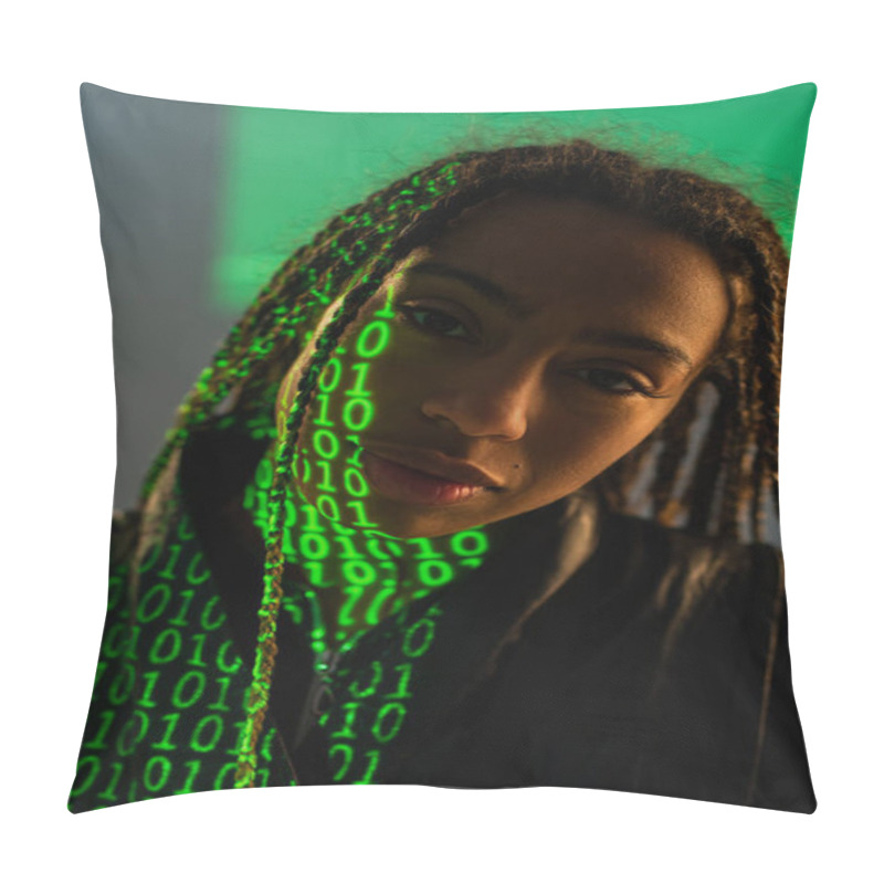 Personality  Portrait Of African American Woman With Binary Code On Face On Grey Background  Pillow Covers