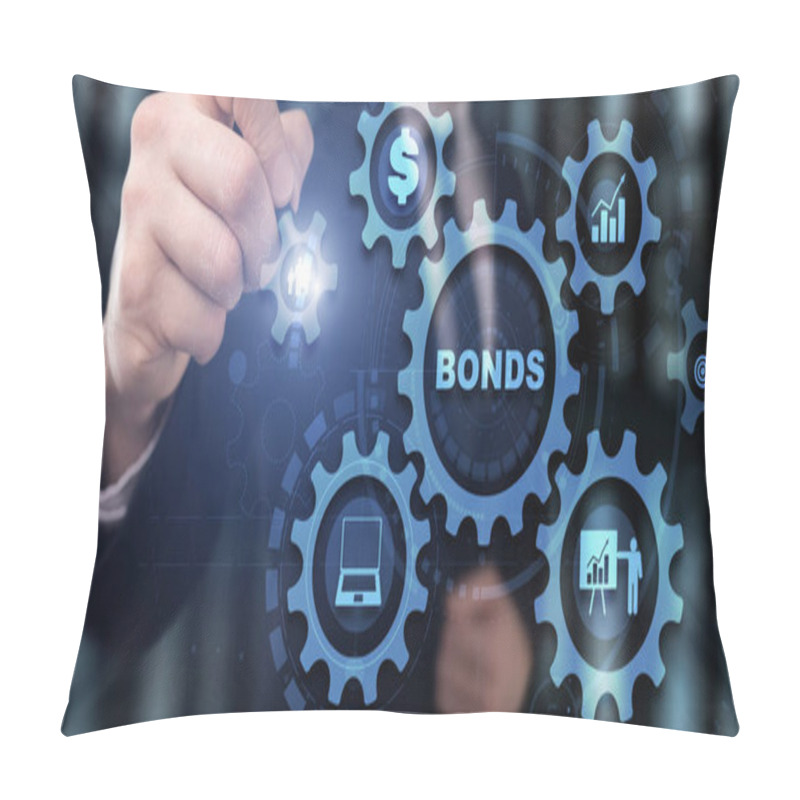 Personality  Businessman Clicks Inscription Bonds. Bond Finance Banking Technology Gears Concept. Pillow Covers