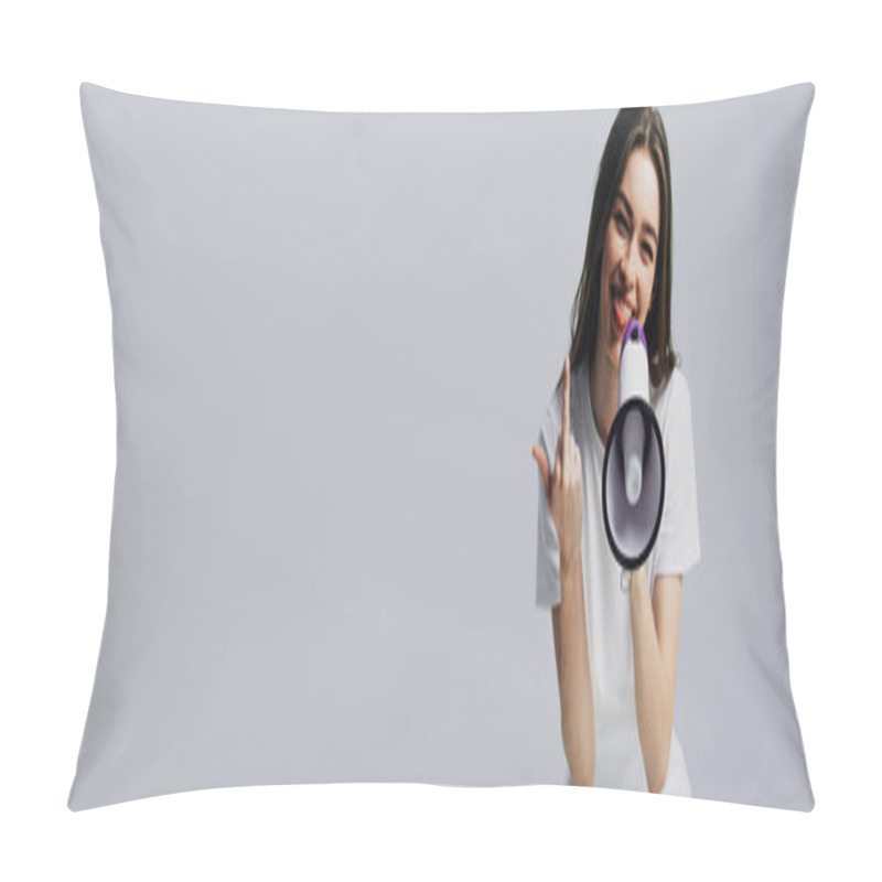 Personality  Happy Young Pretty Woman With Loudspeaker Showing Middle Finger Isolated On Grey, Panoramic Shot Pillow Covers