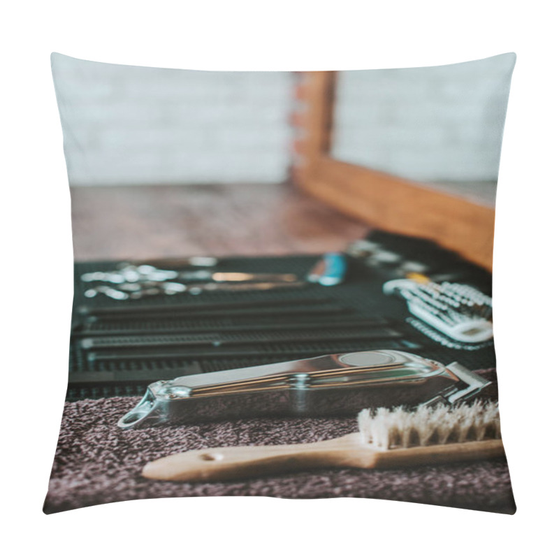 Personality  Selective Focus Of Hair Combs Near Razor In Barbershop  Pillow Covers