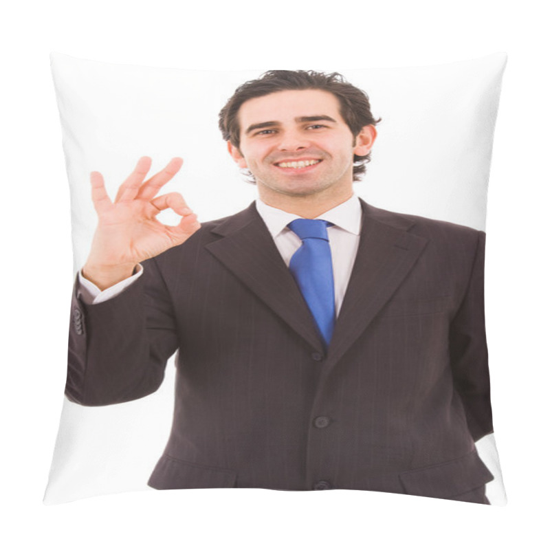 Personality  Happy Young Business Man Gestures Ok Sign, Isolated On White Pillow Covers