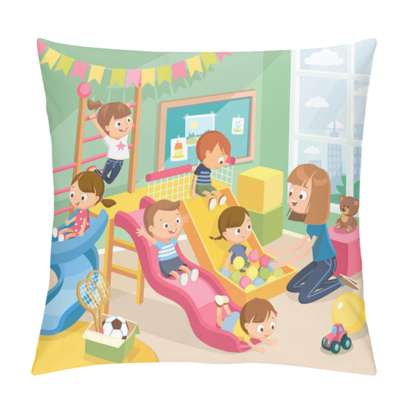 Personality  Children Playing Having Fun, Fooling Around In Fine Good Mood, On Playroom, Playground Go Down Slide, Hanging On Ladder. Vector Illustration. Flat Design. Pillow Covers