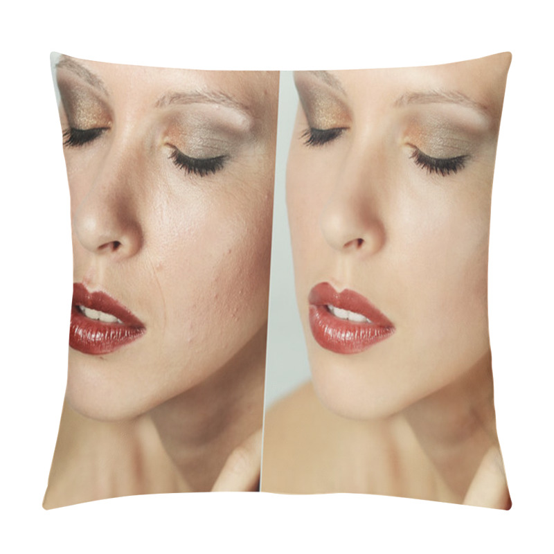 Personality  Before And After Cosmetic Operation. Young Pretty Woman Portrait Pillow Covers