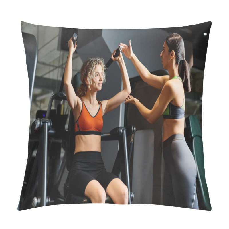 Personality  Energetic Female Coach Consulting Her Blonde Joyous Client In Gym Near Shoulder Press Machine Pillow Covers