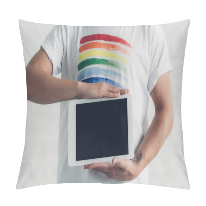 Personality  Cropped Shot Of Man In T-shirt With Pride Flag Holding Tablet With Blank Screen In Front Of White Brick Wall Pillow Covers