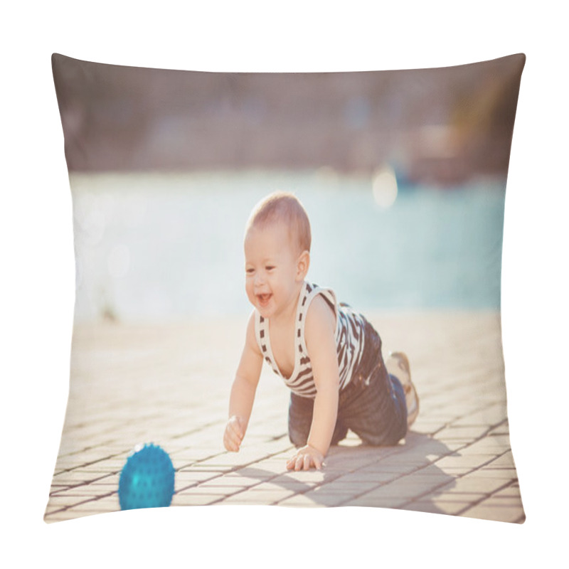 Personality  Portrait Of Happy Little Boy Playing Outdoors At Dock Near The Sea Pillow Covers