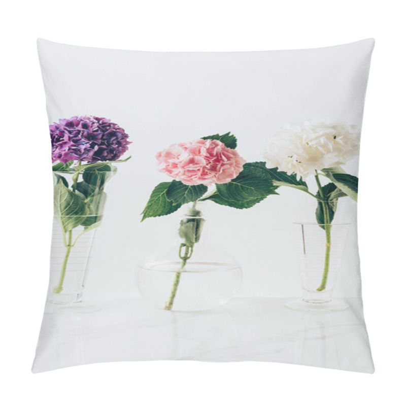 Personality  Blooming Flowers Of Hydrangea In Vases, On White Pillow Covers